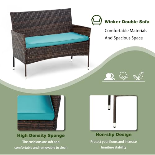 Image of PayLessHere Outdoor Furniture Set 4 Pcs Modular Patio Furniture Set Water Resistant Conversation Set with 3 Rattan Chairs 1 Tempered Glass Topped Table for Patio Poolside, Brown Wicker /Blue Cushions