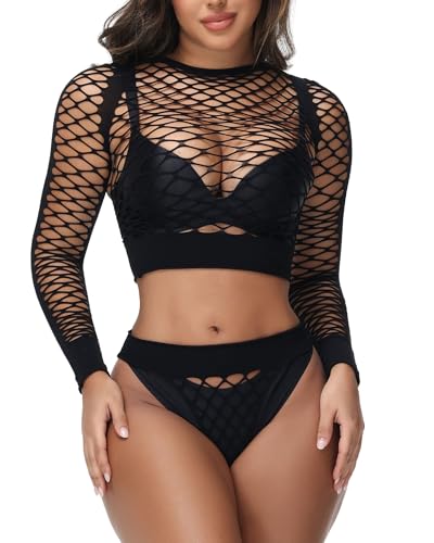 XIUSEMY Damen Dessous Set Sexy Bodys Two Piece Babydoll Fishnet Nachtwäsche Lingerie (Schwarz S6, One Size)