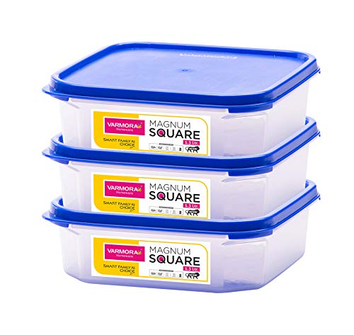 VarmoraMagnum Square Smart Kitchen Storage Plastic Container Lid (1.3 L, Blue, Pack of 3)