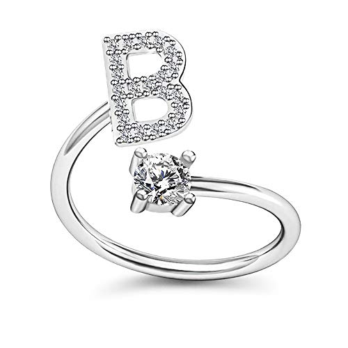 FUTIMELY Initial Letter Ring Alphabet Ring A-Z Silver Crystal Open Adjustable Personalized Initial Ring for Women Teen Girls(B)