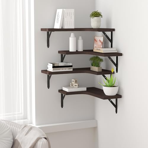 Image of ROMGUAR CRAFT Corner Floating Shelves Wall Mounted Set of 4, Rustic Wood Storage Display Shelves for Home Decor, Bathroom, Kitchen, Bedroom, Living Room, Office (Brown)