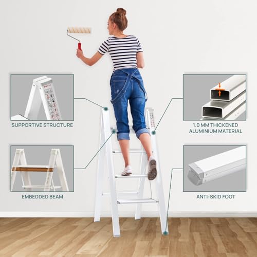 Image of Ladder 4 Step Folding,150KG Capacity Sturdy Ladder Small Stool for Adults, Closet Step Stool Anti-Slip Wide Pedals, Portable Folding for Home Kitchen Office (4 Step - White)