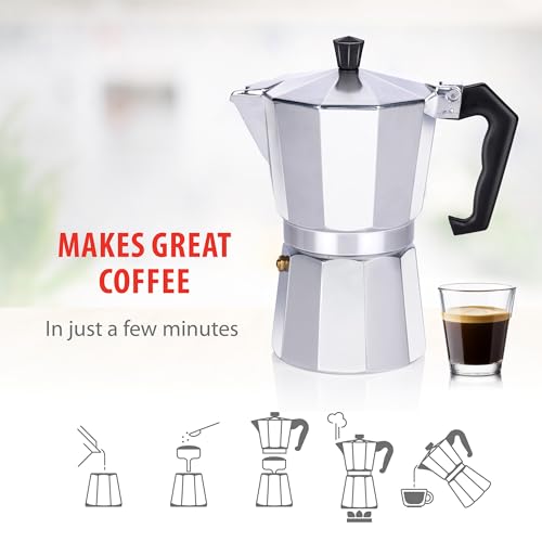 Miniatura 4 de Alpina Cafetera Acero Inoxidable 6 Tazas - Cafetera Italiana Acero 10 X 19 Cm - 320 Gr - Greca De Café- Accesorios Cafetera Italiana - También Con Gas Halógeno Cerámica - Aluminio