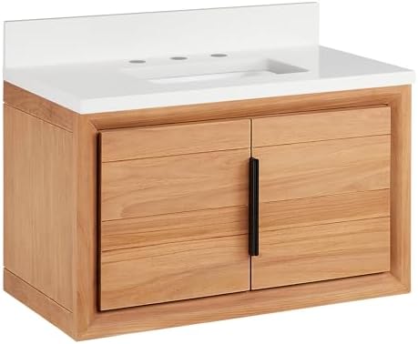 Signature Hardware 955225-30-rumb Aliso 30" Wall Mount Teak Single Basin Vanity Set with Cabinet, Vanity Top, and Rectangular Undermount Sink - 8" Faucet Holes - Natural Teak/Arctic White