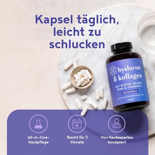 Hyaluron & Kollagen Komplex | 270 Kapseln | Hochdosiert mit Hyaluronsäure, Biotin, Selen, Zink, Vitamin C & Bambusextrakt | Hyaluron Collagen Complex | Haut, Haare, Nägel | Alpha Foods