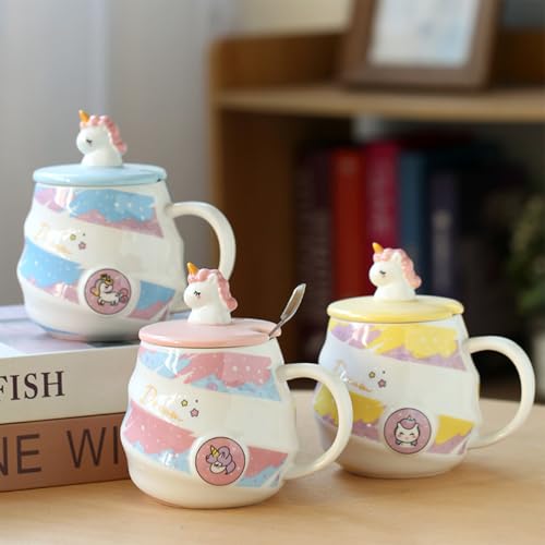 Image of Spooky Unicorn Ceramic Mug with Lid and Spoon - 400ml Cartoon Coffee Cup for Kids, Girls & Women - Gift for Birthday, Office, Christmas, Valentine's Day - Ins-Style Animal Tea Mug (Blue)