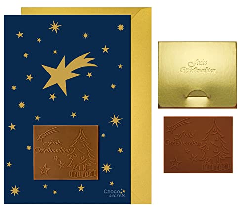 Weihnachtskarten mit geprägter Schokolade in goldener Schachtel, 5er Set, Kartenmotiv: Dunkelblauer Himmel mit goldenen Sternen, Prägung Schokolade: „Frohe Weihnachten“, Umschlag in Gold Cover
