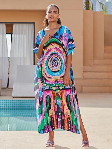 Image of KECVOT Kaftan Dresses for Women V-Neck Print Swimsuit Cover Up Plus Size Beach Caftan Lounge Dress