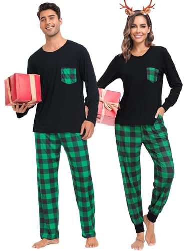 SWOMOG Adult Christmas Pajamas Buffalo Plaid Pajama Pants with Pockets Long Sleeve Tops for Couples & Family2