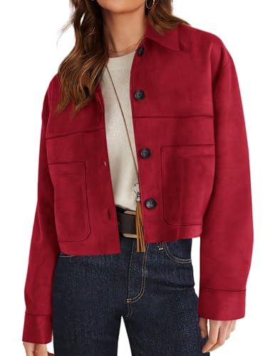 PRETTYGARDEN Women's Faux Suede Cropped Jacket Casual Lightweight Fall Fashion 2026 Winter Coats Outerwear Trendy Clothes (Red,Small)