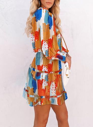 Dokotoo Womens Fall Dresses 2024 Resort Wear Casual V Neck Ruffle Tiered Chiffon Bohemian Floral Print Lantern Long Sleeve Elegant Smocked Empire Waist Swing Mini Dress Sundresses Small thumb #1