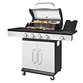 YOEXTO 4-Burner Propane Gas BBQ Grill with Side Burner 46800 BTU Output, Outdoor Stainless Steel Barbeque Propane Gas Grill with Side Tables and Wheel Casters for Backyard Garden Patio Camping Cooking