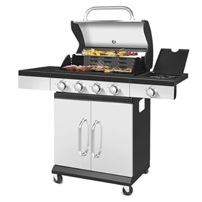YOEXTO 4-Burner Propane Gas BBQ Grill with Side Burner 46800 BTU Output, Outdoor Stainless Steel Barbeque Propane Gas Grill with Side Tables and Wheel Casters for Backyard Garden Patio Camping Cooking