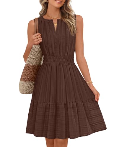 MEROKEETY Womens 2026 Summer Casual Mini Sundress Beach Vacation Sleeveless V Neck Flowy A Line Dress with Pockets Coffee Medium