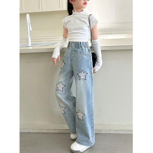 Girl's Kids Cute Star Baggy Jeans Straight Leg Loose Jeans Elastic Waist Pull On Denim Pants for Teens 6-14 Years4