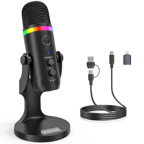 zealsound micrófono USB, micrófono Condensador RGB, Cancelación de Ruido, Silencio táctil, Ganancia, Eco, monitoreo y RGB, Ideal para Podcast, Streaming, Youtube, Gaming, para Phone/PC/PS/Mac K66PRO