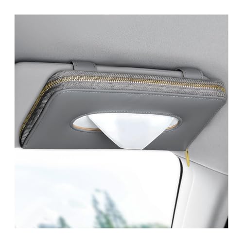 BWBWND Car Tissue Holder, Sun Visor Napkin Box Premium PU Leather Tissue Case with Zipper, Rectangular Hanging Paper Organizer Mask Dispenser for Sedans SUVs Trucks, Car Accessories (Gray)
