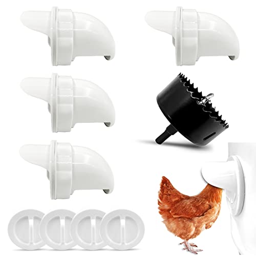 Alimentador de Pollos con Puerto DIY, alimentador de Aves de Corral, Kit de alimentación por Gravedad para Cubos, barriles, contenedores, 4 Puertos de alimentación con Tope y Sierra Perforadora Cover