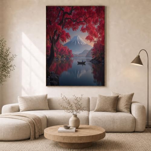 Toile paysage automne japonais rouge gris érable Mont Fuji 70x100 pour deco cuisine