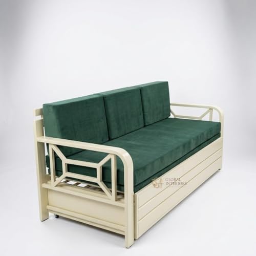 Image of Metal Frame Sofa Cum Bed with | Premium Velvet Fabric 3 Seater Pull-Out Sofa Bed | Space Saving Convertible Couch for Living Room | Modern Ivory Color Sofa Bed (6X4) | Comfortable sleeping