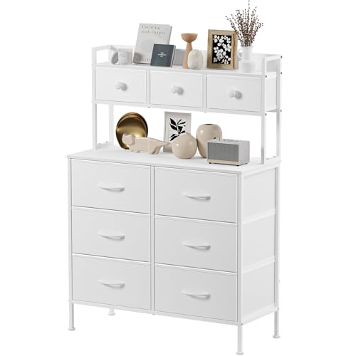 Mintnook Commode, Meuble de Rangement, Commode Chambre à 9 Tiroirs, Meuble de Chambre à Poignées, Poignée Facile, Cadre en Métal (Blanc)