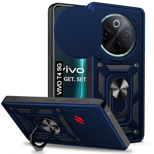 Image of AESTMO Tough Armor Vivo T4 5G / iQOO Z10 5G Bumper Back Case Cover | Ring Holder & Sliding Camera Shield Cover | 360 Degree Protection Back Case Cover for Vivo T4 5G / iQOO Z10 5G (Blue)