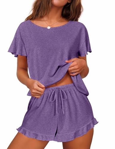 Image of Ekouaer Women's Pajama Set Ruffle Sleeves Top and Short | 2 Piece Ruffle Hem Sleeves Top and Shorts Pjs Set, Soft Short Sleepwear Set, Elastic Waistband Design