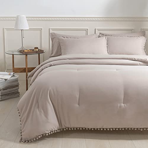 Sleepbella Khaki King Size Comforter Set, Ball Pom Fringe Design, Ultra Soft Microfiber Bedding Comforter Sets 5 Pcs (1 Boho Comforter, 2 Ball Pom Pillow Shams, 2 Pillow Cases) #TOP1