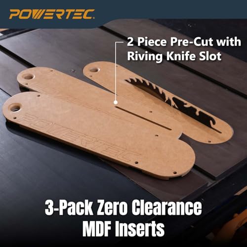Image of POWERTEC Zero Clearance Table Saw Insert 3-Pack - Fits Delta 36-725, 36-725T2, 36-5152, 36-5000, 36-5000T2 - MDF Throat Plate for Cleaner Cuts, Kickback Prevention, Easy Installation (72228)