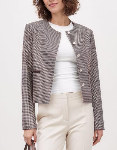 Kedera Women's Houndstooth Tweed Jacket Long Sleeve Work Suit Jackets Business Casual Cropped Blazers Short Coat3