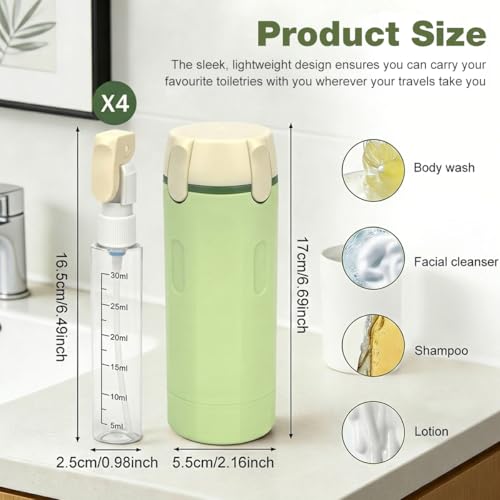 Image of MAYCREATE 4 in 1 Travel Bottle Kit for Toiletries, 30ml Portable Travel Toiletry Containers, Leakproof Refillable for Shampoo Lotion Cosmetics Dispenser Accessories for Women Men - Green