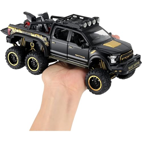 Image of DEUSON ECOM Exclusive Alloy Die Cast Metal Car Pull Back 1:24 Raptor F150 Diecast Metal Pullback Toy Car With Openable Doors, Light Music Boys Gifts Toys For Kids, Multicolor