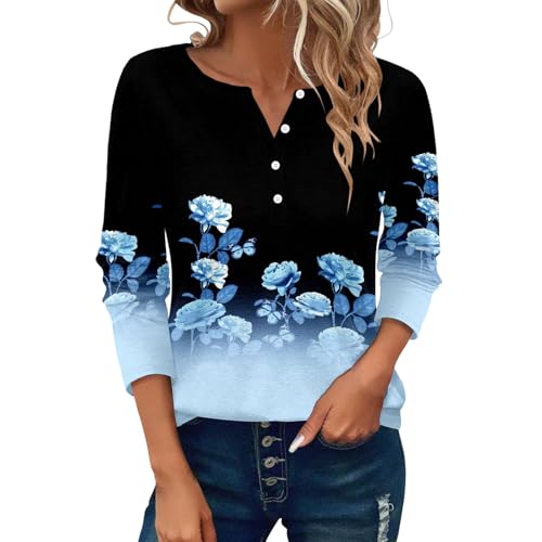 Generisch Deal des Tages Heute Tshirt Damen, Blusen & Tuniken Für Damen, Langarm Tshirt Rundhals Mit Knopfleiste Oberteile Sommer Langarmshirt Tunika Pullover Sportshirt