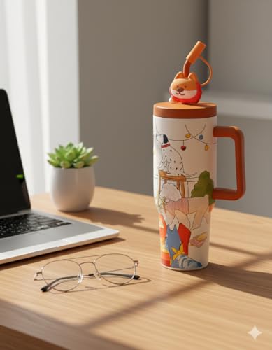 Image of Insulated Tumbler Large Travel Mug Sipper with Handle and Straw, Dog Adventure Print Design, Spill-Proof Lid with Silicone Animal Stopper, Reusable Straw, 1200ML - Pack of 1