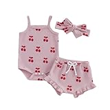 Kaipiclos Cherry Baby Outfit Newborn Infant Girl Clothes Rib Knit Romper & Shorts Waffled Baby Clothes for Girls 0 3 6 12 18M (Cherry Pink, 12-18 Months)
