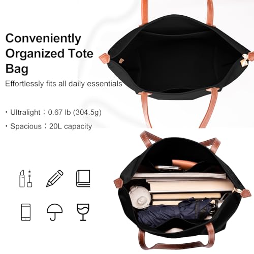 BOJLY Tote Bag Groß Shopper Tasche Damen, Leichte Faltbare Handtasche, Wasserdichte Nylon Schultertasche Damen mit Reißverschluss für Arbeit, Schule, Einkauf, Reisen (Schwarz)