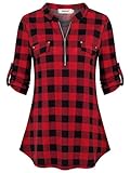 BEPEI 3/4 Sleeve Tops for Women,Happy New Year 2024 Plaid Shirts Christmas V Neck Fall Trend Work Dressy Blouses Ladies Gifts Cute Button up Tunics Business Casual Clothes Going Out,Black Red L