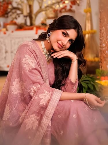 Image of Pinkmint Women Jacquard Silk Ethnic Kurta with Dupatta Suit for Women | Straight Fit Designer Wear with Woven Pattern & Tassel Dupatta | Availble in Plus Size