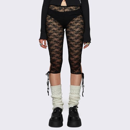 Sexy outfit Damskie kwieciste koronkowe legginsy Capri 3/4 długości rozciągliwe rajstopy seksowne przezroczyste przycięte spodnie z wycięciem na imprezę nocną w klubie