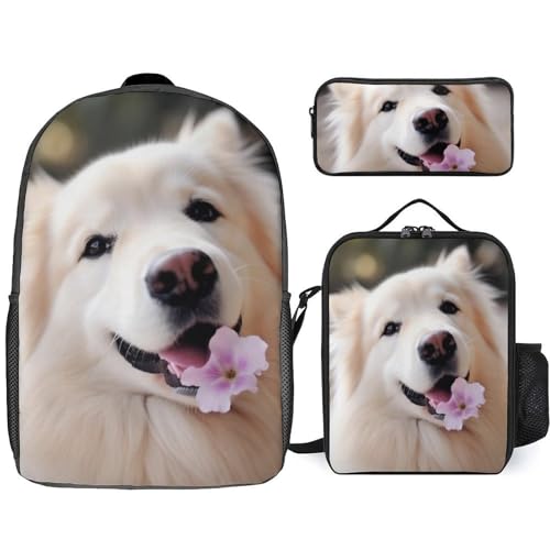 3 Piece Backpack for Women Men Lightweight Causal Daypack Shoulder Bag Set with Insulated Lunch Bag And Pencil Case Organizers Cute Dog