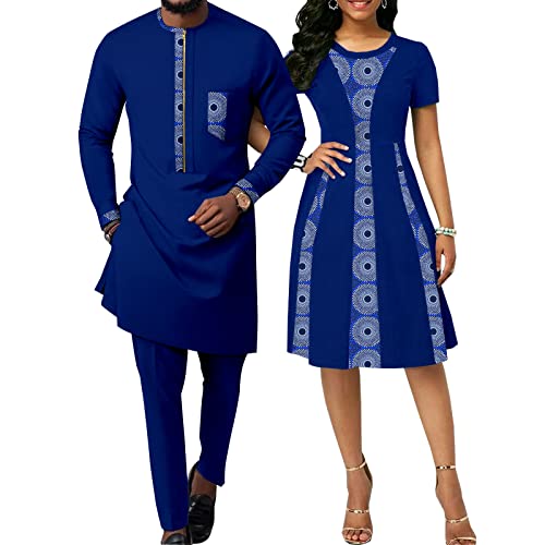 Realwax African Attire for Couple Women Print Wax Crew Neck Dress with Men Dashiki Long Vest Shirt and Pants Sets 746 Medium