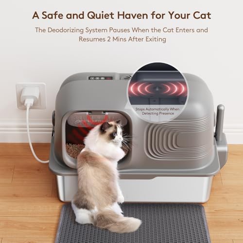 Stainless Steel Litter Box, Patented Ordor Control Technology, No Filters Needed, Convenient Flip-Top Lid, Extra Lage 65L Enclosed, Anti-Leak, Comes with Scoop & Litter Mat, Easy to Clean