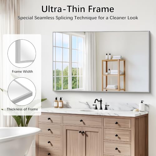 Image of DESBING 30 inch x 48 inch Bathroom Mirror, Silver Metal Frame Wall Mirror
