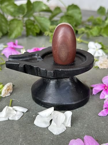 Image of Shivam VASTU AKAL 1.5 inch Original Narmadeshwar Narmada Shivling with 3 inch Narmada Stone Yoni Base Jaladhari (Ardhanarishwar Shivling, Black Designer Damru Jaladhari)