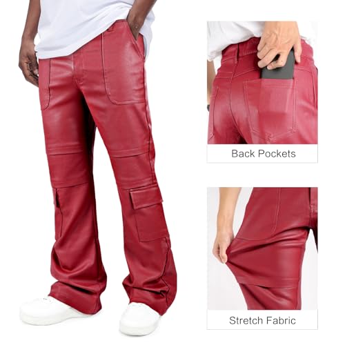 GINGTTO Mens Faux Leather Cargo Pants Flared Bell Bottoms with Pockets for Men 70s Party Pants3