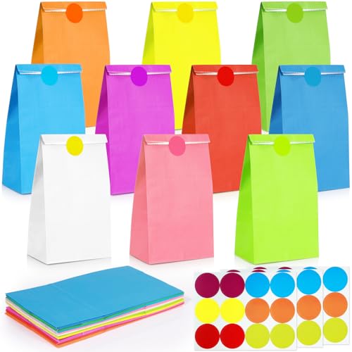 30 Piezas Bolsas de Papel Bolsas Cumpleaños Infantil con 36 Pegatinas, Bolsitas Cumpleaños Infantiles Bolsas de Regalo para Chuches, Bodas, Cumpleaños, Fiestas y Regalos, 10 Colores