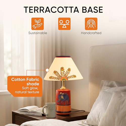 Image of AAKRITI ART CREATIONS Terracotta Table Lamp for Study Room, Bedroom & Living Room Decoration | Madhubani Tree of Life Bedside Lamp with Cotton Fabric Shade | Aesthetic Night Lamp