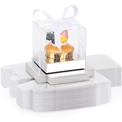 EUSOAR Cupcake Boxes, 50 Packs 3.5 Inch Dessert Pastry Individual Cupcake Containers with Inserts and Ribbon, Clear Muffins Gift Holder Disposable Cake Carrier for Wedding Party Favor Bakery-Silver