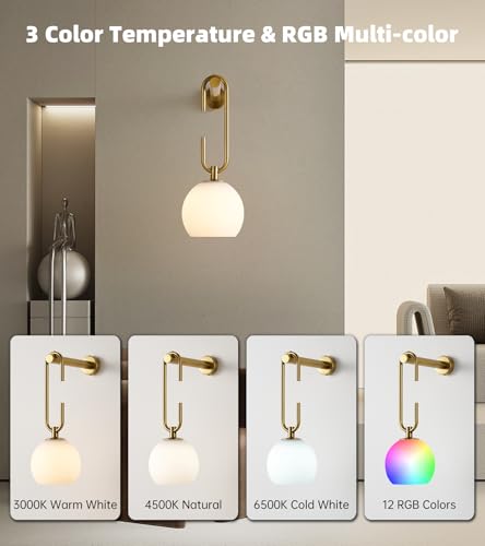 Image of Glass Globe Wall Sconces Set of 2, Battery Operated Wall Light with Remote, Indoor Wireless Dimmable 12RGB Colors Light Bulbs for Bedroom Living Room Hallway(Brass)