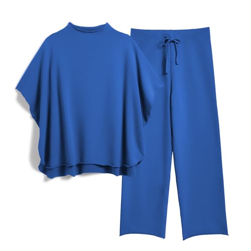 Image of SeeLuNa Women's Two Piece Outfits 3 /4 Batwing Sleeve Capelet Crew Neck Pullover Top Wide Leg Pants Lounge Set